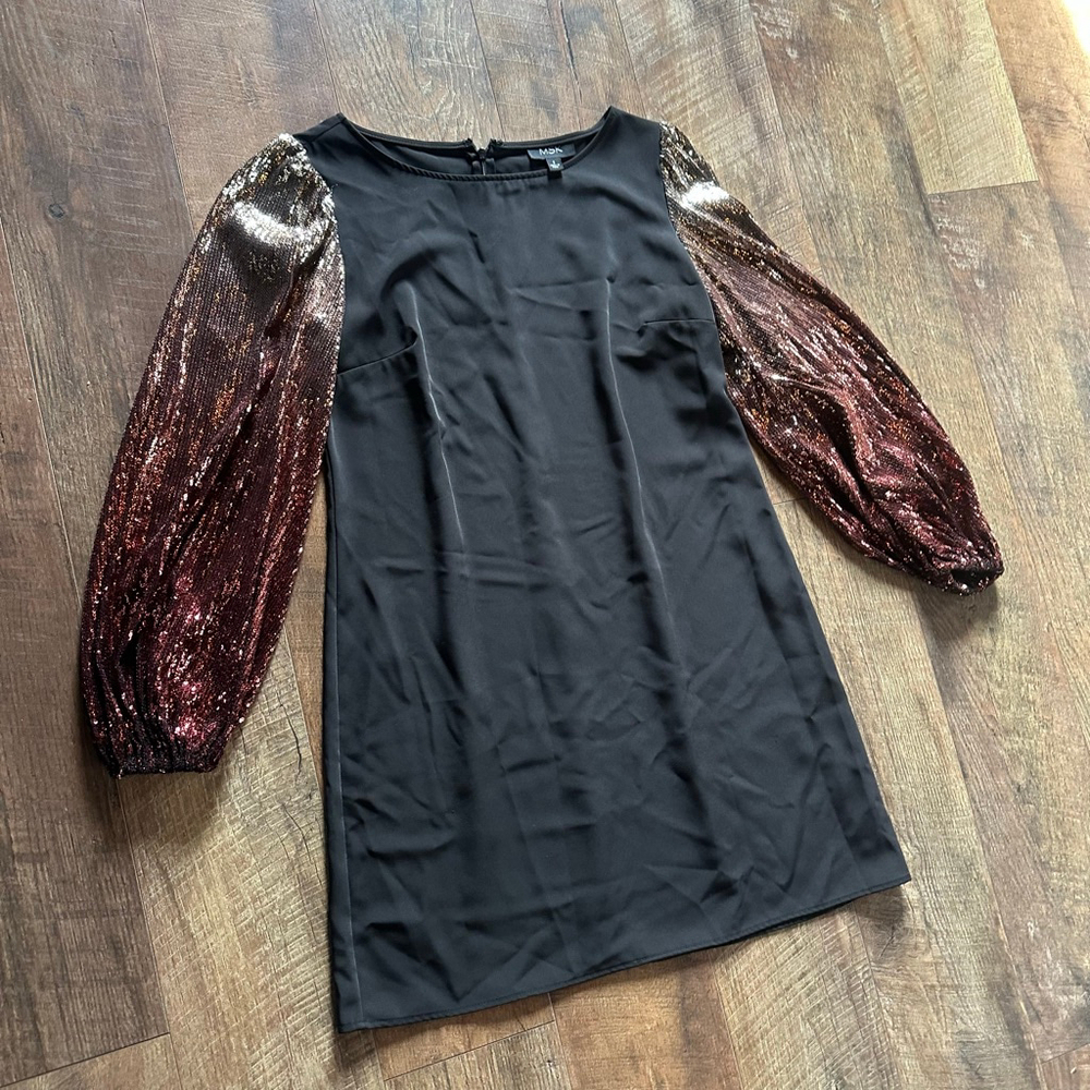 Women's MSK Black Mini Dress with Bronze Sequin Sleeves S